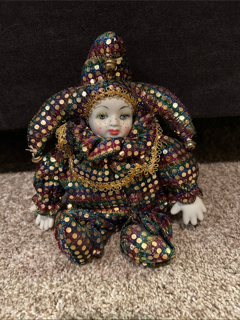 Porcelain Jester Clown Figurine in a Multicolor Polka Dot Costume